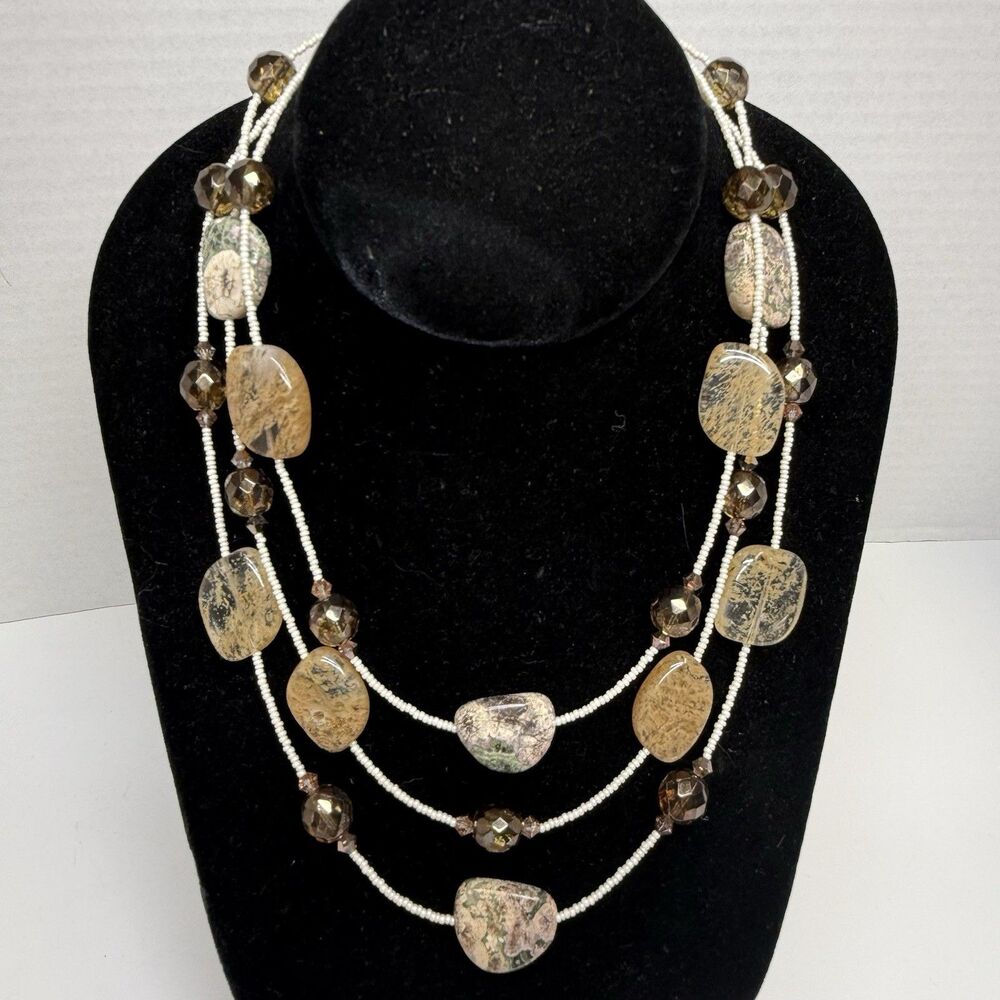 Triple Strand Ocean Jasper Natural Stone Glass Beaded Necklace New